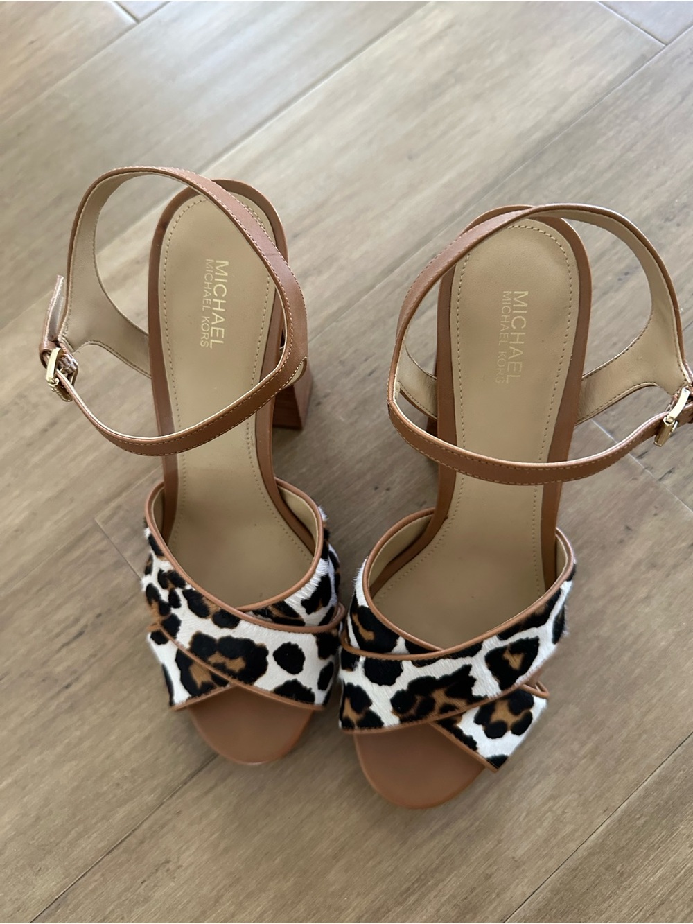 MICHAEL Michael Kors Tan Leopard Print Block Heel Sandals